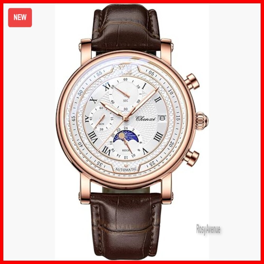 Men's Leather Strap Watch with Three-Eye Dials, Date, and Luminous Hands